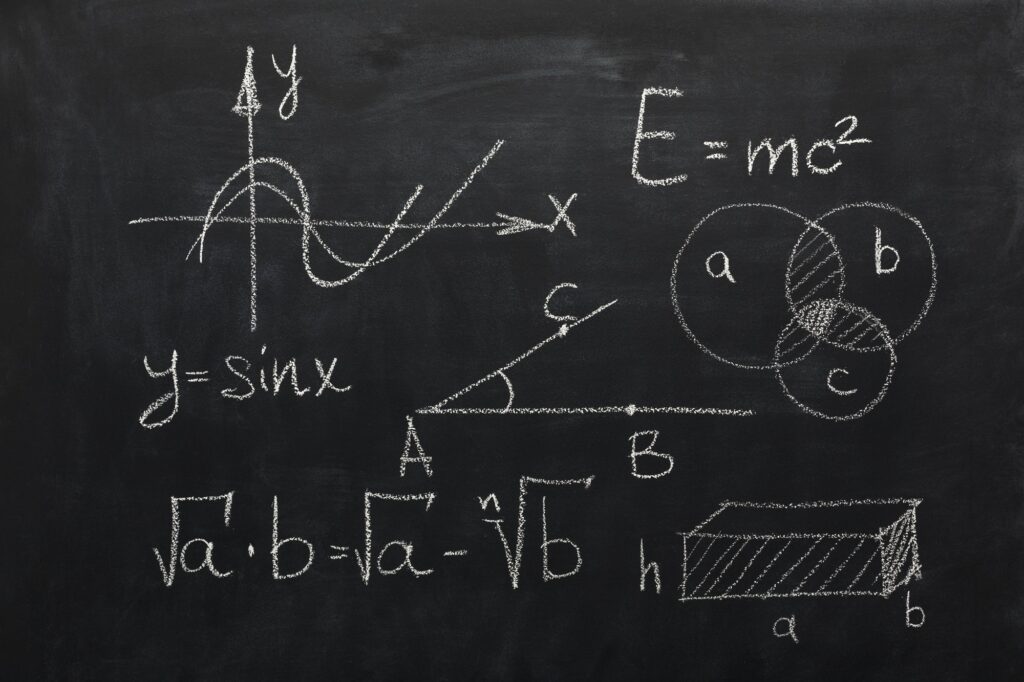 Math formulas on black chalkboard
